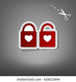 lock sign with heart shape. Red icon with for applique from paper with shadow on gray background with scissors.