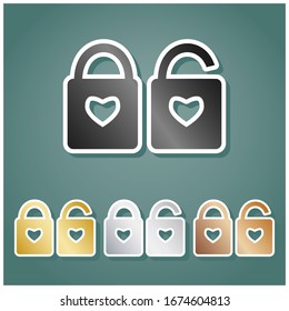 Lock sign with heart shape. Set of metallic Icons with gray, gold, silver and bronze gradient with white contour and shadow at viridan background. Illustration.