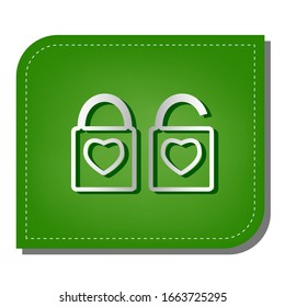 Lock sign with heart shape. Silver gradient line icon with dark green shadow at ecological patched green leaf. Illustration.