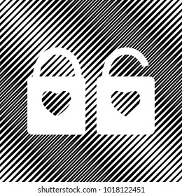 Lock sign with heart shape. A simple silhouette of the lock. Shape of a heart. Vector. Icon. Hole in moire background.