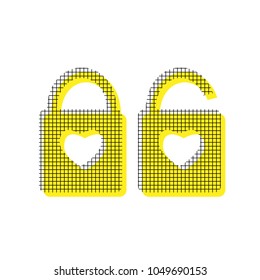 Lock sign with heart shape. A simple silhouette of the lock. Shape of a heart. Vector. Yellow icon with square pattern duplicate at white background. Isolated.
