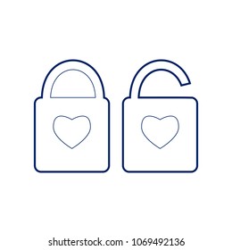 Lock sign with heart shape. A simple silhouette of the lock. Shape of a heart. Vector. Flat style black icon on white.