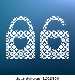 Lock sign with heart shape. A simple silhouette of the lock. Shape of a heart. Vector. White textured icon at lapis lazuli gradient background.