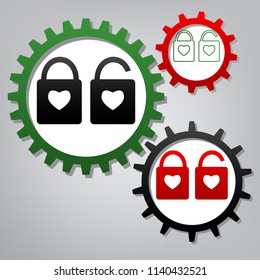 Lock sign with heart shape. A simple silhouette of the lock. Shape of a heart. Vector. Three connected gears with icons at grayish background.