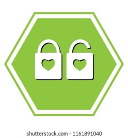 Lock sign with heart shape. A simple silhouette of the lock. Shape of a heart. Vector. White icon with black shadow at yellow green honeycomb on white background.