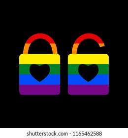 Lock sign with heart shape. A simple silhouette of the lock. Shape of a heart. Vector. Icon with colors of LGBT flag at black background.