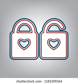Lock sign with heart shape. A simple silhouette of the lock. Shape of a heart. Vector. Dark red, transparent and midnight green stroke of white icon at grayish background.