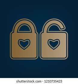 Lock sign with heart shape. A simple silhouette of the lock. Shape of a heart. Vector. Golden icon and border at dark cyan background.