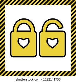 Lock sign with heart shape. A simple silhouette of the lock. Shape of a heart. Vector. Warm yellow icon with black contour in frame named as under construction at white background. Isolated.