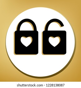 Lock sign with heart shape. A simple silhouette of the lock. Shape of a heart. Vector. Black icon with light brown shadow in white circle with shaped ring at golden background.