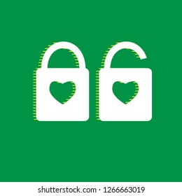 Lock sign with heart shape. A simple silhouette of the lock. Shape of a heart. Vector. White flat icon with yellow striped shadow at green background.