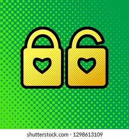 Lock sign with heart shape. A simple silhouette of the lock. Shape of a heart. Vector. Pop art orange to yellow dots-gradient icon with black contour at greenish background.