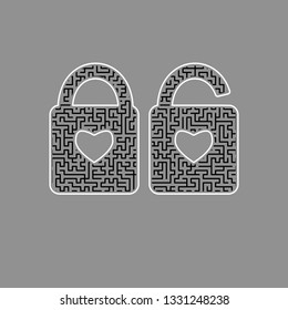 Lock sign with heart shape. A simple silhouette of the lock. Shape of a heart. Vector. Black maze filled icon with white border at gray background.