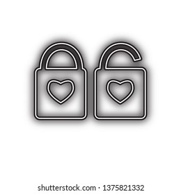 Lock sign with heart shape. A simple silhouette of the lock. Shape of a heart. Vector. Double contour black icon with soft shadow at white background. Isolated.