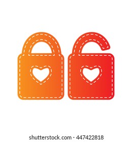 lock sign with heart shape. A simple silhouette of the lock. Shape of a heart. Orange applique isolated.