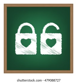lock sign with heart shape. A simple silhouette of the lock. Shape of a heart. White chalk effect on green school board.