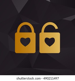 lock sign with heart shape. A simple silhouette of the lock. Shape of a heart. Golden style on background with polygons.