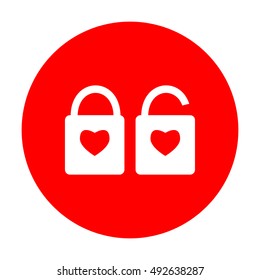 lock sign with heart shape. A simple silhouette of the lock. Shape of a heart. White icon on red circle.