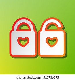 lock sign with heart shape. A simple silhouette of the lock. Shape of a heart. Contrast icon with reddish stroke on green backgound.