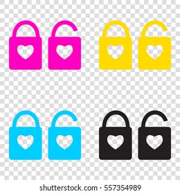 lock sign with heart shape. A simple silhouette of the lock. Shape of a heart. CMYK icons on transparent background. Cyan, magenta, yellow, key, black.