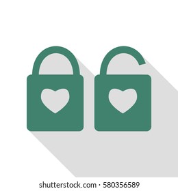 lock sign with heart shape. A simple silhouette of the lock. Shape of a heart. Veridian icon with flat style shadow path.