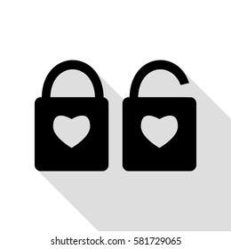 lock sign with heart shape. A simple silhouette of the lock. Shape of a heart. Black icon with flat style shadow path.