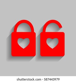 lock sign with heart shape. A simple silhouette of the lock. Shape of a heart. Vector. Red icon with soft shadow on gray background.