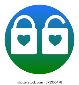 lock sign with heart shape. A simple silhouette of the lock. Shape of a heart. Vector. White icon in bluish circle on white background. Isolated.