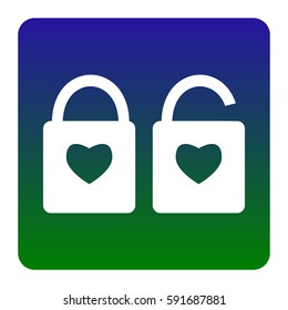 lock sign with heart shape. A simple silhouette of the lock. Shape of a heart. Vector. White icon at green-blue gradient square with rounded corners on white background. Isolated.