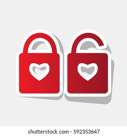 lock sign with heart shape. A simple silhouette of the lock. Shape of a heart. Vector. New year reddish icon with outside stroke and gray shadow on light gray background.