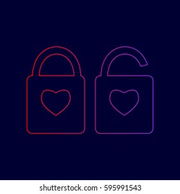 lock sign with heart shape. A simple silhouette of the lock. Shape of a heart. Vector. Line icon with gradient from red to violet colors on dark blue background.
