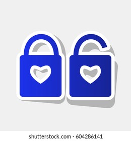 lock sign with heart shape. A simple silhouette of the lock. Shape of a heart. Vector. New year bluish icon with outside stroke and gray shadow on light gray background.