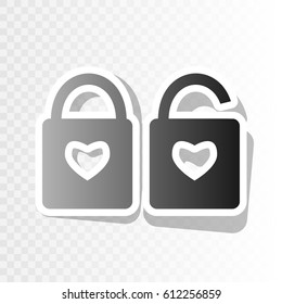 lock sign with heart shape. A simple silhouette of the lock. Shape of a heart. Vector. New year blackish icon on transparent background with transition.