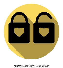 lock sign with heart shape. A simple silhouette of the lock. Shape of a heart. Vector. Flat black icon with flat shadow on royal yellow circle with white background. Isolated.