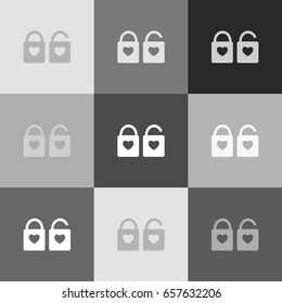 lock sign with heart shape. A simple silhouette of the lock. Shape of a heart. Vector. Grayscale version of Popart-style icon.