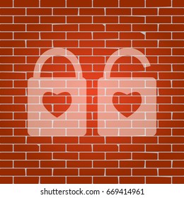 lock sign with heart shape. A simple silhouette of the lock. Shape of a heart. Vector. Whitish icon on brick wall as background.