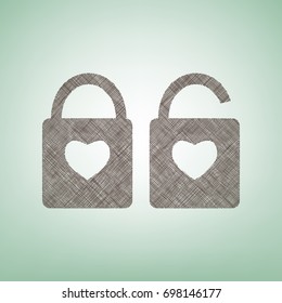 lock sign with heart shape. A simple silhouette of the lock. Shape of a heart. Vector. Brown flax icon on green background with light spot at the center.