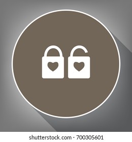 lock sign with heart shape. A simple silhouette of the lock. Shape of a heart. Vector. White icon on brown circle with white contour and long shadow at gray background. Like top view on postament.