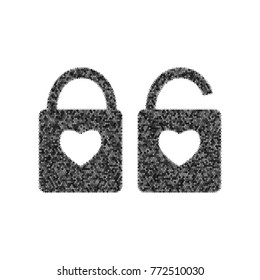 lock sign with heart shape. A simple silhouette of the lock. Shape of a heart. Vector. Black icon from many ovelapping circles with random opacity on white background. Noisy. Isolated.