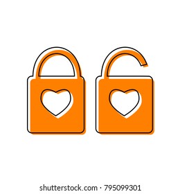 lock sign with heart shape. A simple silhouette of the lock. Shape of a heart. Vector. Black line icon with shifted flat orange filled icon on white background. Isolated.