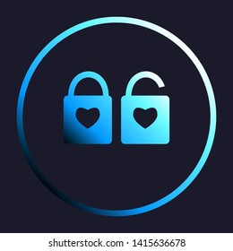 Lock sign with heart shape. White, cyan and blue gradient icon as round button in white shell at dark blue background. Illustration.