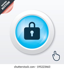 Lock sign icon. Locker symbol. Blue shiny button. Modern UI website button with hand cursor pointer. Vector