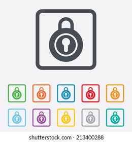 Lock sign icon. Locker symbol. Round squares buttons with frame. Vector
