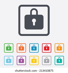 Lock sign icon. Locker symbol. Round squares buttons with frame. Vector