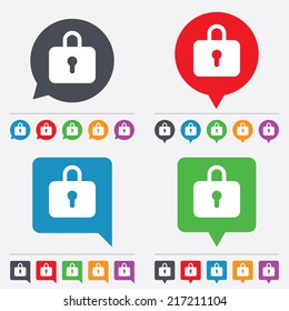 Lock sign icon. Locker symbol. Speech bubbles information icons. 24 colored buttons. Vector