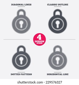 Lock sign icon. Locker symbol. Diagonal and horizontal lines, classic outline, dotted texture. Pattern design icons.  Vector