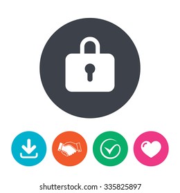 Lock sign icon. Locker symbol. Download arrow, handshake, tick and heart. Flat circle buttons.