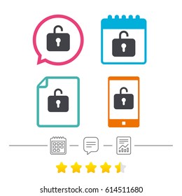 Lock sign icon. Login symbol. Calendar, chat speech bubble and report linear icons. Star vote ranking. Vector