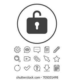 Lock sign icon. Login symbol. Document, Chat and Paper clip line signs. Question, Pencil and Calendar line icons. Star, Download and Shopping cart. Vector