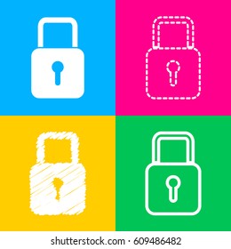 Lock sign illustration. Four styles of icon on four color squares.